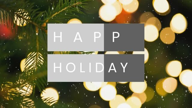 Animation of snow falling over happy holidays text banner against tree branch and spots of light