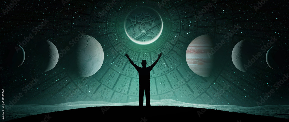 Wall mural man against background of starry sky, planet and ancient astronomical instruments. the concept on th