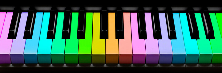 Rainbow piano keyboard, colorful music instrument panorama