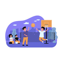 Happy children playing basketball outdoors. Ball, street, player flat vector illustration. Entertainment and sport game concept for banner, website design or landing web page