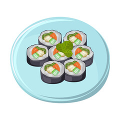 Asian street food on plate. Vector illustration of spicy Chinese and Korean meals. Cartoon top view of bowl with rolls with red fish and tuna isolated on white. Restaurant menu
