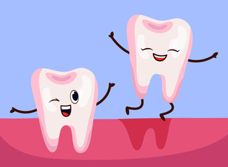 Funny comic milk tooth jumping out of gum vector illustration. Cartoon drawing of cute teeth characters smiling and jumping on blue background. Stomatology or dentistry, health, medicine concept