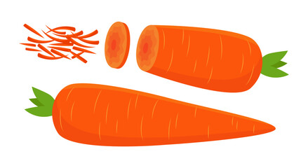 Cut and sliced carrot vector illustrations set. Collection of cartoon drawings of strips and slices of orange vegetable, whole carrot isolated on white background. Food, nutrition, diet concept