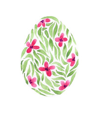 Watercolor Easter egg hand drawn on a white background. Painted floral ornament egg. Easter, spring.