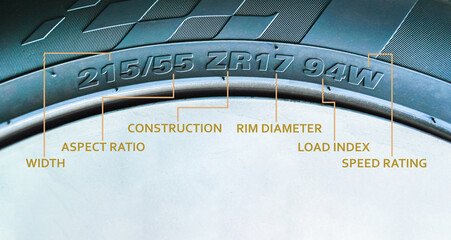 Meaning of the numbers and characters on tyre sidewalls with a below copy space, automotive part...