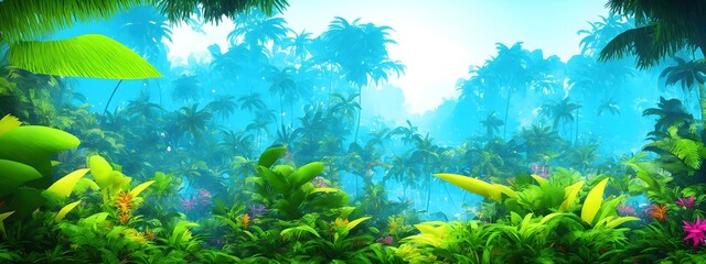 Fototapeta na wymiar Tropical jungle forest palm tree with green leaves. Generative AI