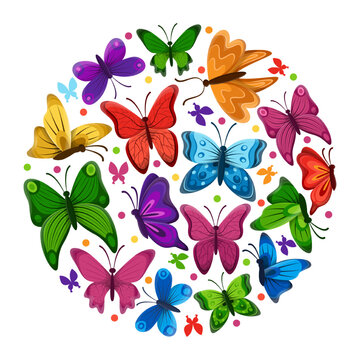 Circular pattern with colorful butterflies vector illustration. Collection of cartoon drawings of beautiful insects with wings isolated on white background. Nature, spring, biology, beauty concept