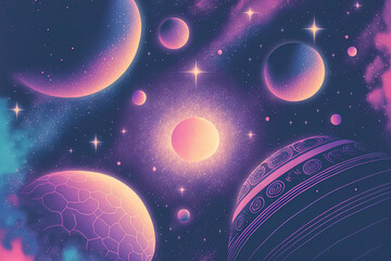 Colorful vintage artwork of space. Digital retro cartoon of planets and stars. Vaporwave synthwave colors. Surreal grainy dirty graphic art. Old funky psychadelic science fiction doodles. Trending 