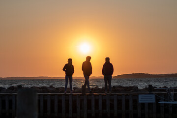 silhouette of people walking on beach at sunset