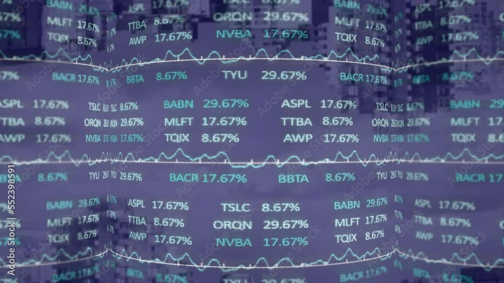 Sticker Animation of stock market data processing against aerial view of cityscape with shadow effect