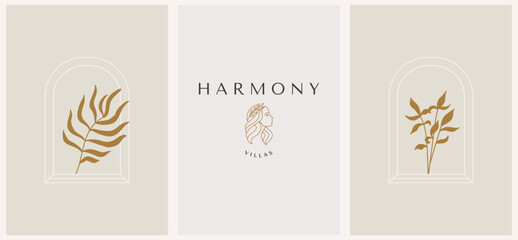 linear set template logo symbols with female and tropical leaf on a nude background