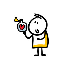 A funny man is holding a bottle of heart medicine for love in his hand.