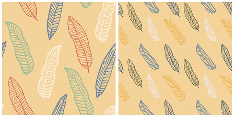 Abstract pattern set with organic shapes, feather, nature texture. Organic spots background. Doodle seamless pattern with feather. Trendy vector background collection for cover, print, social media.