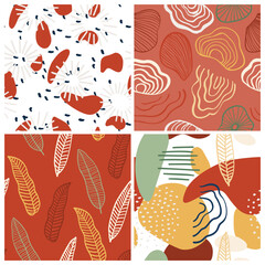 Abstract pattern set with organic shapes, feather, nature texture. Organic spots background. Doodle seamless pattern with feather. Trendy vector background collection for cover, print, social media.