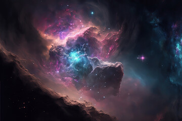 Nebula. Fantasy space illustration. Light in the cosmos. Glowing colors in the black night of space. Concept of infinity. Astrology energy. Interstellar. Cosmic art. Glowing sky. Generative AI