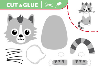 Grey cat. Cut and glue. Application work. Paper game. Vector