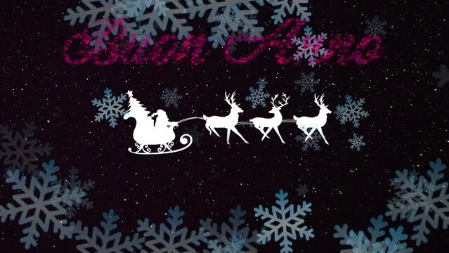 Animation of snow falling over santa claus in sleigh and buon anne text on black backrgound