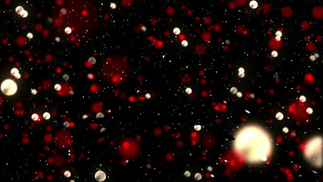 Animation of snow falling over reindeer and light spots on black backrgound