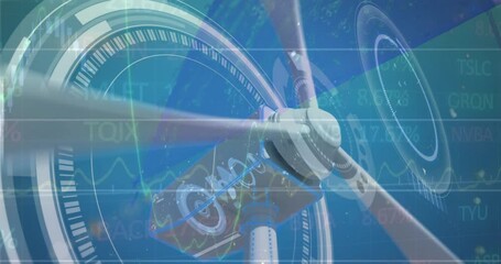 Animation of stock market data processing and round scanners against spinning windmill - Powered by Adobe