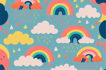Rainbows and clouds pattern for fabric for children, generative art