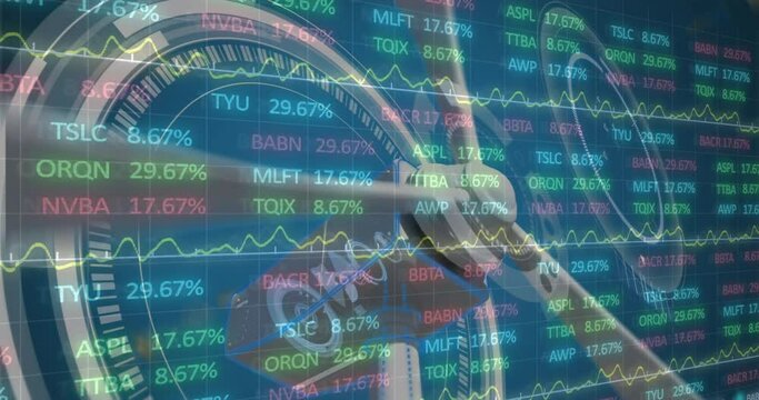 This video clip shows a stock market display with red, blue, and green stock market tickers and grap