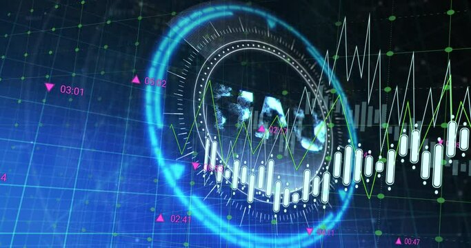 Animation of financial data processing over scope scanning with uah symbol on black background