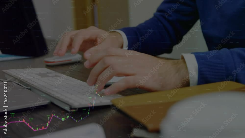 Poster animation of financial data processing over mid section of businessman using computer at office