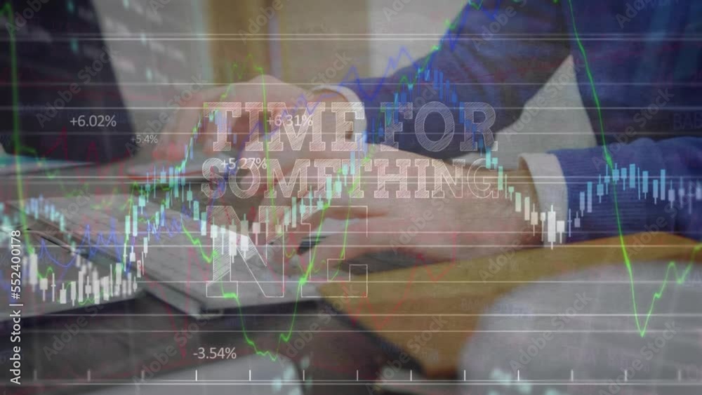Poster animation of time for something text and financial data processing over businessman using computer