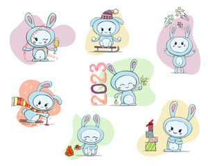 Set of 2023 new year stickers with cute simbol rabbit and different winter atributes. Hand drawn vector illustration isolated on white. For web, print, paper, wrapping, poster, banner, invitation, dec