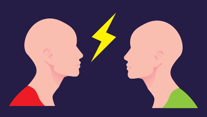 Two sismplified silhouettes of human heads facing each other with lightning symbol in between, psychology vector illustration, conflict concept