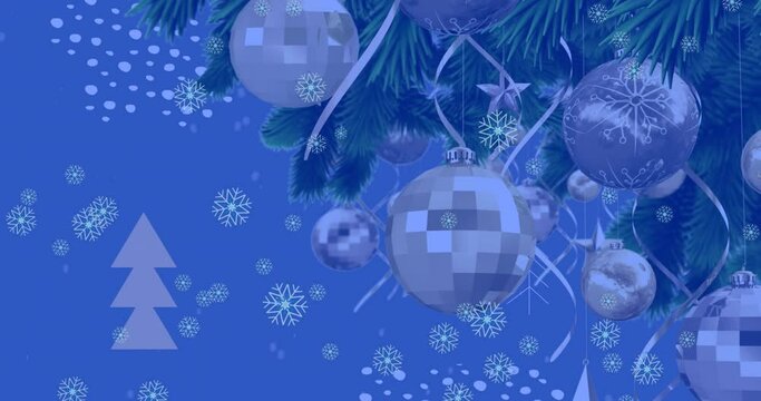 Animation of snowflakes icons falling over decorated christmas tree branch against blue background