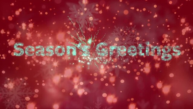 Animation of snowflakes over seasons greeting and fireworks on red background