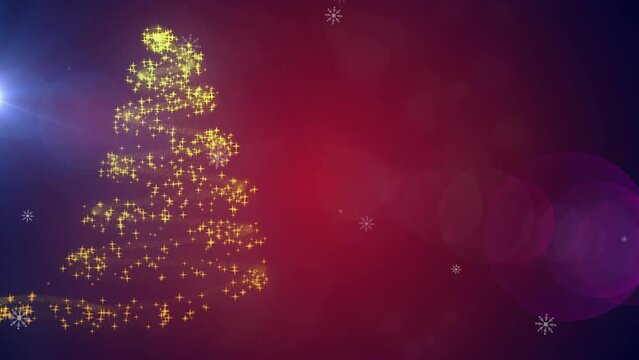 Animation of snowflakes over light and christmas tree on red background