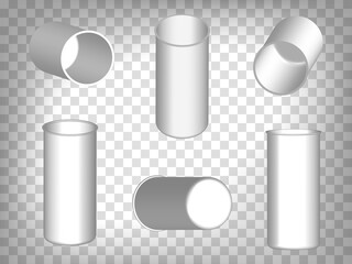 WSet of perspective projections 3d cylindrical container model icons on transparent background.  3d cylindrical containers. Abstract concept of graphic elements for your web site design, app, UI. EPeb