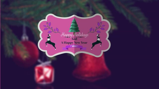 Animation of happy new year and holidays text banner over close up of decorated christmas tree