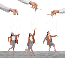 Human relationships demonstrated in puppet show. Collage with worker manipulated by director or manager on white background