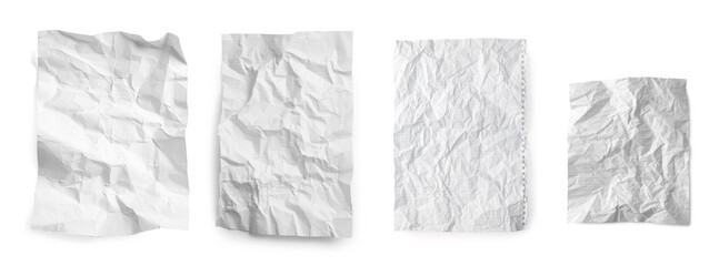 Set with crumpled paper sheets on white background, top view. Banner design