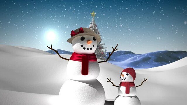 Animation of snow falling over snowmen with christmas tree and winter landscape