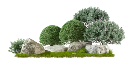 Foto op Aluminium Gardening green shrubs design composition with nature rock cut out backgrounds 3d rendering png file © Krit