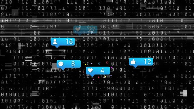 Animation of social media icons and numbers with binary coding on black background