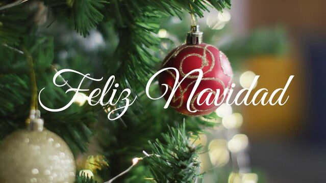 Animation of feliz navidad christmas greetings text over christmas tree