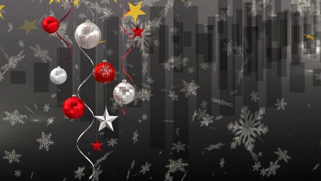 This video features hanging christmas decorations and streamers on a white background, with an illus
