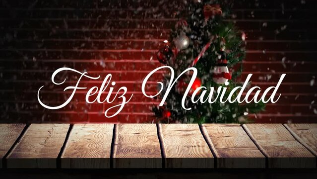Animation of feliz navidad christmas greetings text over christmas tree