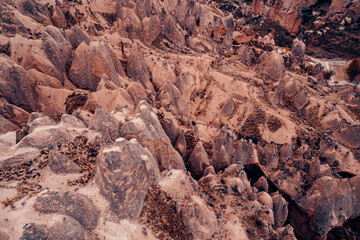 Cave house dwellings of Cappadocia, national park Goreme of Nevsehir Turkey, aerial drone view