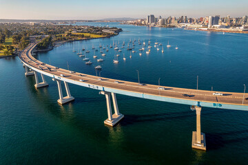 Aerial view of Coronado Bridge in San Diego bay in southern California - 552401915