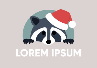 A raccoon logo in a Santa Claus red hat with a text place holder, a label template, Winter holidays © nadia_snopek
