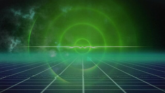 This video is a digitally generated animation of a grid in black and blue with green circles glowing