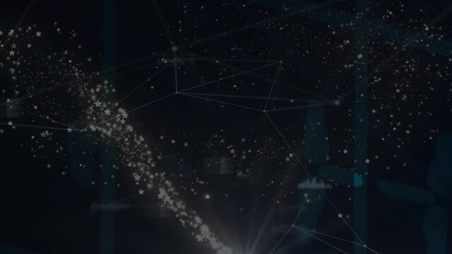 Animation of shooting star over network of connections and data processing against black background