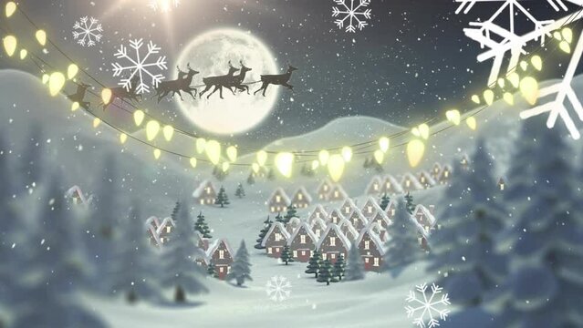 Animation of santa in sleigh text over winter scenery