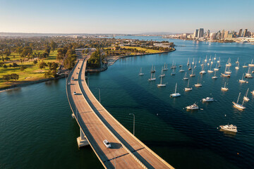 Aerial view of Coronado Bridge in San Diego bay in southern California - 552402110
